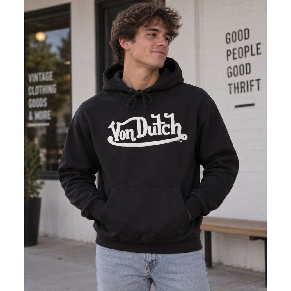 Von Dutch Hoodie Black White Chenille Logo Pullover Sweatshirt - Men's Small